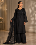 Luxury black 3 piece embroidered Pakistani suit featuring handcrafted 3D floral appliqué work, embroidered sleeves, premium organza dupatta with cutwork border, and matching embroidered loose-fit trousers by Libas e Hayya.