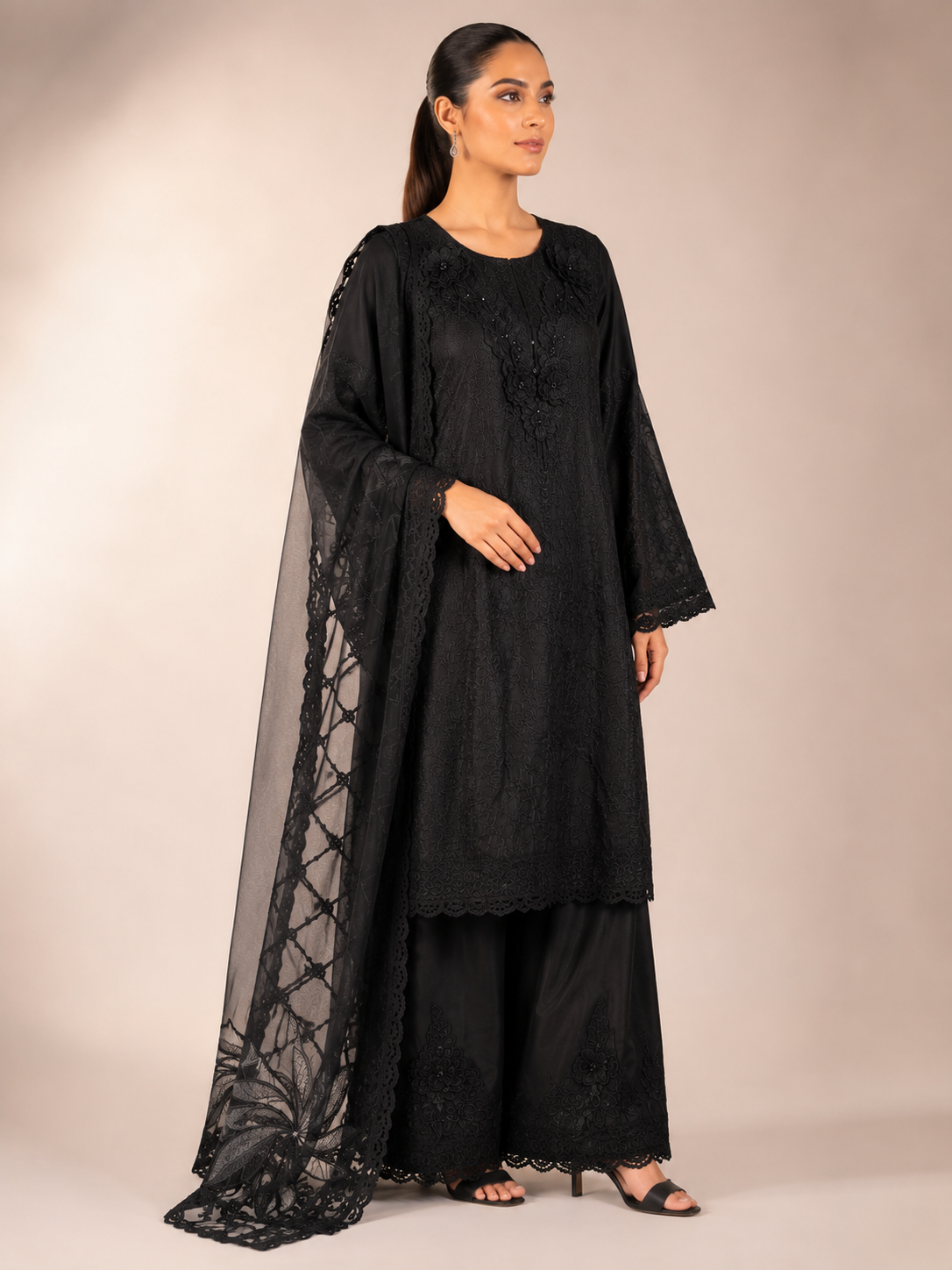 Luxury Black 3 Piece Embroidered Suit with 3D Floral Handwork