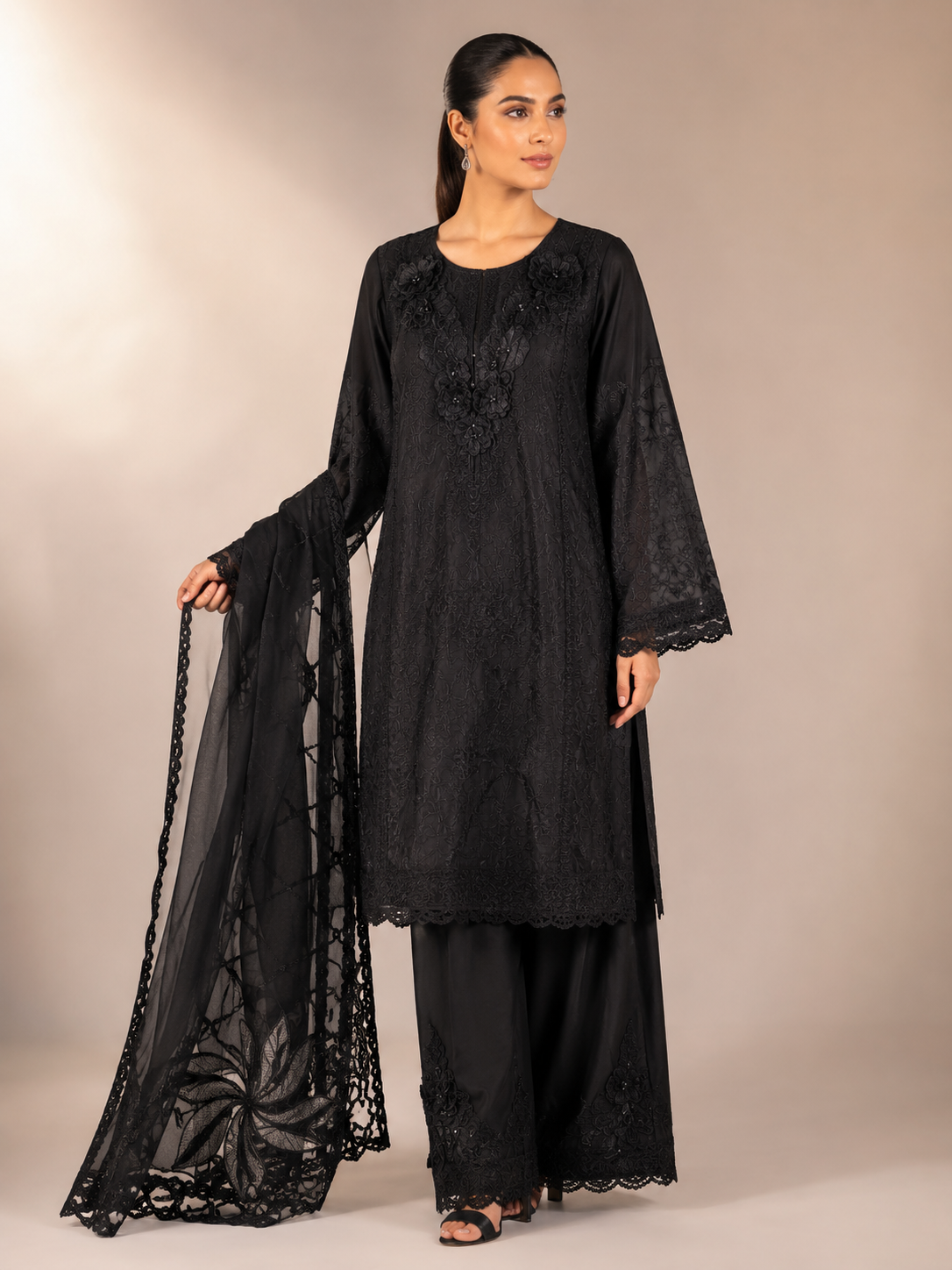Luxury Black 3 Piece Embroidered Suit with 3D Floral Handwork