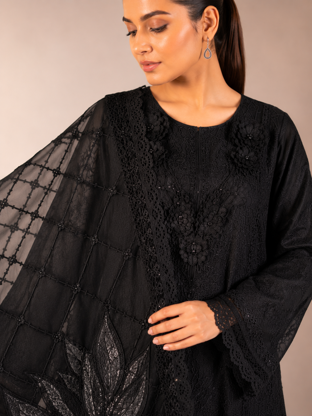 Luxury Black 3 Piece Embroidered Suit with 3D Floral Handwork
