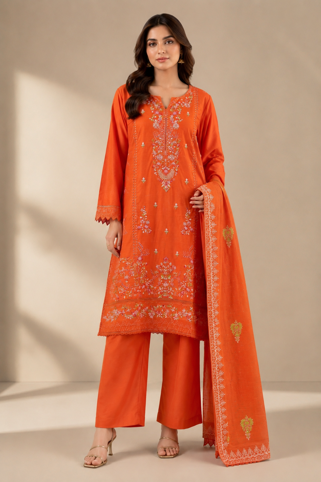 A woman models a bright orange traditional three-piece outfit with matching wide-leg pants and a dupatta, featuring intricate white and gold embroidery, set against a neutral beige studio background.