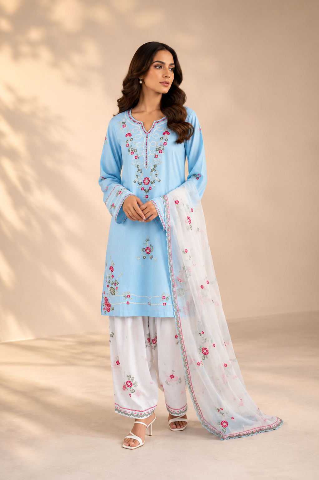 A woman models a light blue and white traditional South Asian outfit with floral embroidery and a matching sheer dupatta, set against a warm beige background with soft leaf shadows.