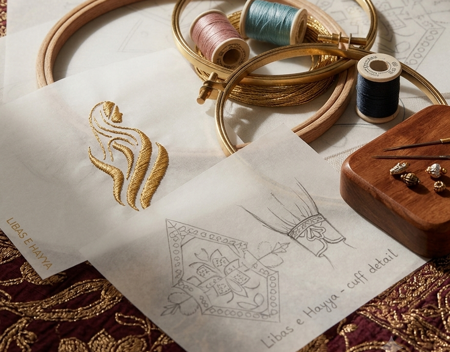 Close-up of the creative design process at Libas e Hayya, featuring a gold-embroidered brand logo on delicate tracing paper, traditional wooden embroidery hoops, sewing threads in soft pastel tones, and detailed pencil sketches of cuff patterns laid over an elegant, deep maroon, and gold-worked eastern fabric background.