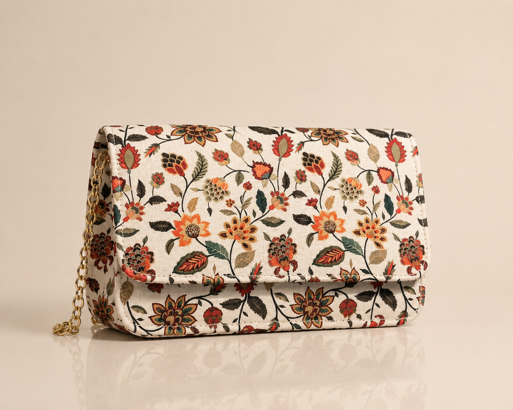 A rectangular clutch bag with a cream background and an all-over floral pattern in orange, red, green, and brown. It features a gold chain strap on the left side, set against a solid beige background with a soft reflection below.